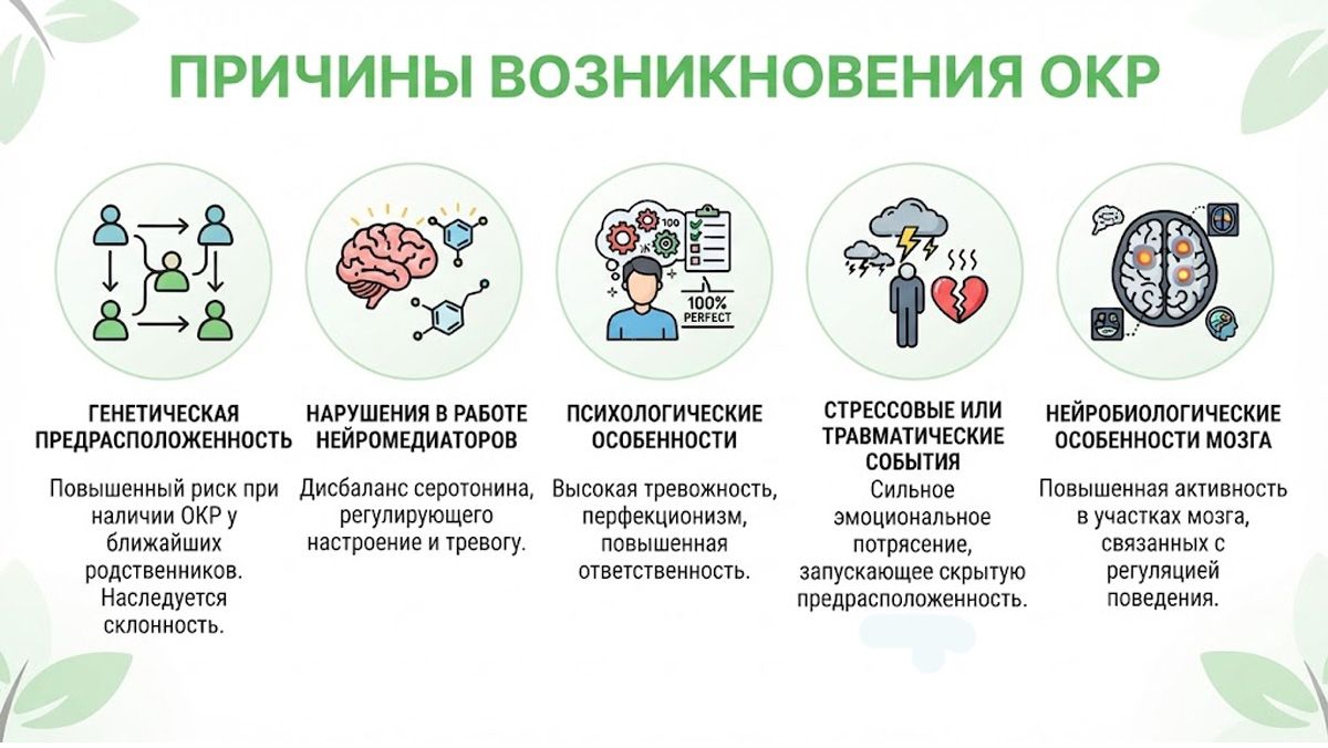 Инфографика: причины возникновения ОКР, включая генетическую предрасположенность, нарушения нейромедиаторов и стресс.